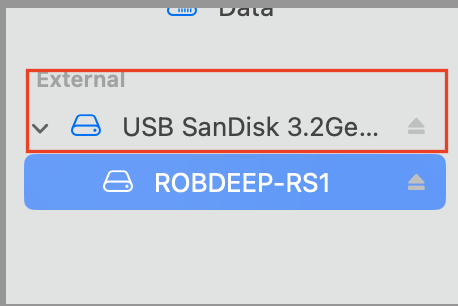 A list containing a top level folder USB Sandisk and low level folder within it for the USB labeled RS-LEX