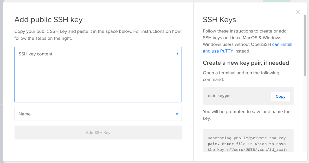 The SSH public key fragment prompt in the Droplet builder