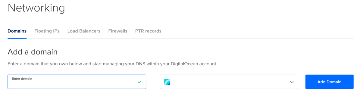 The DigitalOcean DNS tools showing addition of the new domain