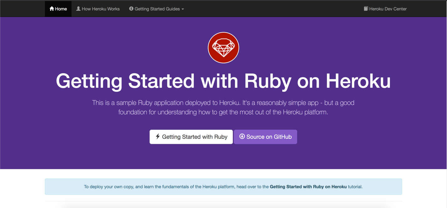 The splash screen for the Heroku Ruby getting started application fully loaded and with no errors