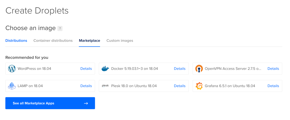 The DigitalOcean Marketplace view showing various 1-click applications available for installation