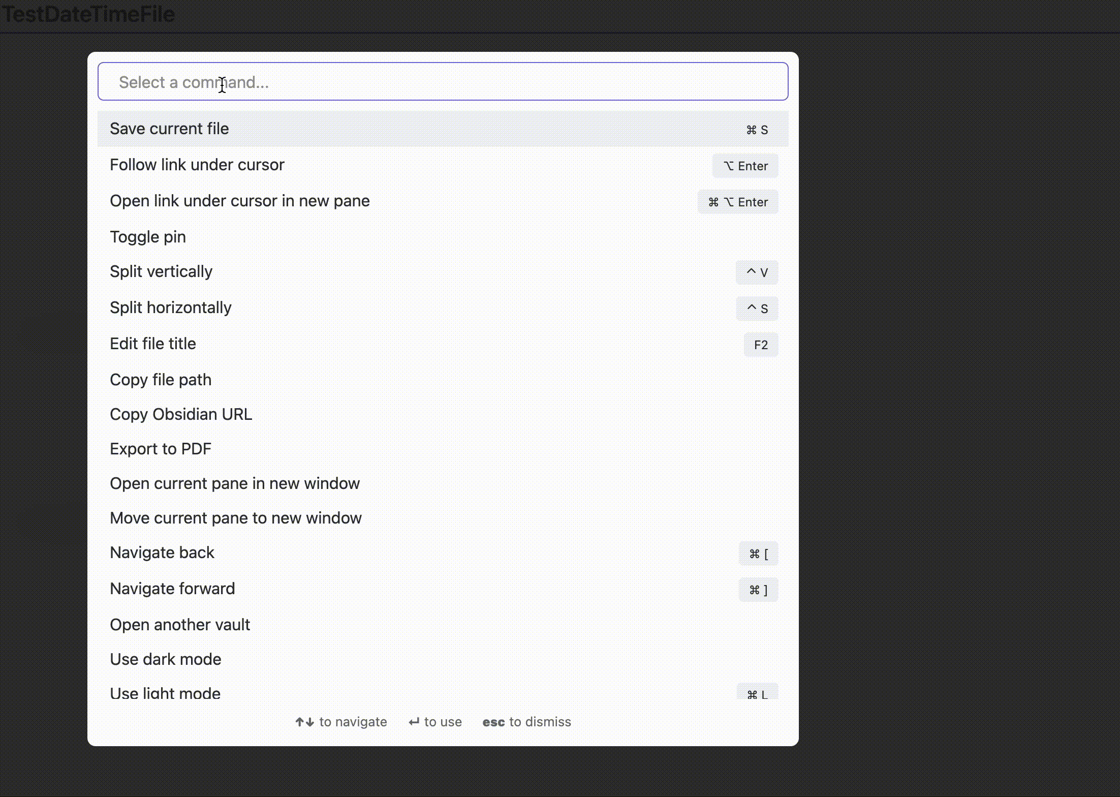 Using the Command + P prompt to select the insert template option in Obsidian. After selecting the empty note auto populates with the file name as the first heading