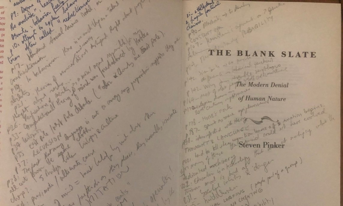 The inside of a book cover containing hand written notes with page references