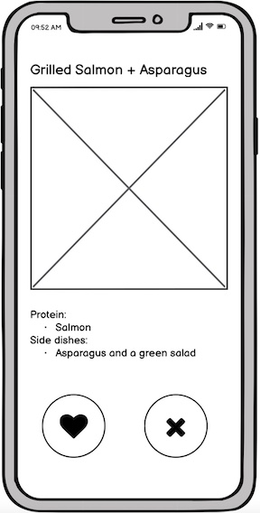 A mobile phone application containing a title Grilled Salmon and Asparagus with a placeholder image and a listing of the ingredients. Below the description is a heart button and no button